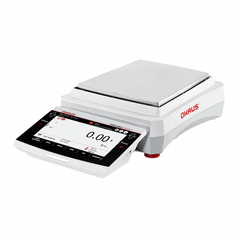 White ohaus explorer dl120 digital analytical balance with a silver weighing platform and black touchscreen display