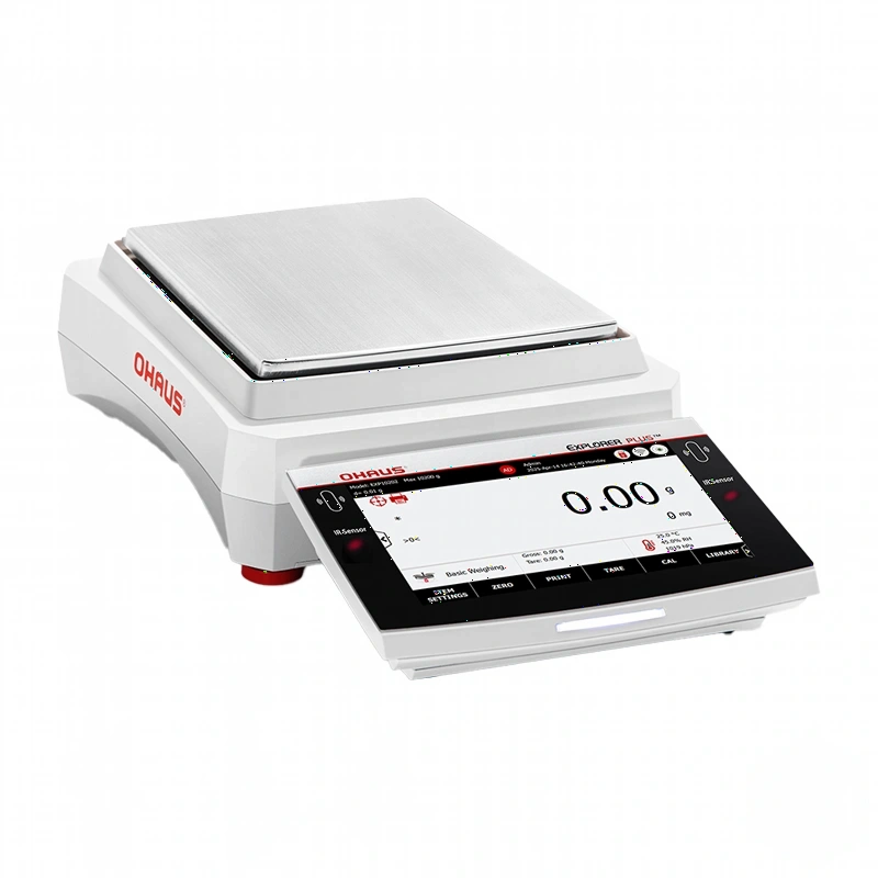White ohaus explorer plus digital scale with a silver weighing platform and black touchscreen display