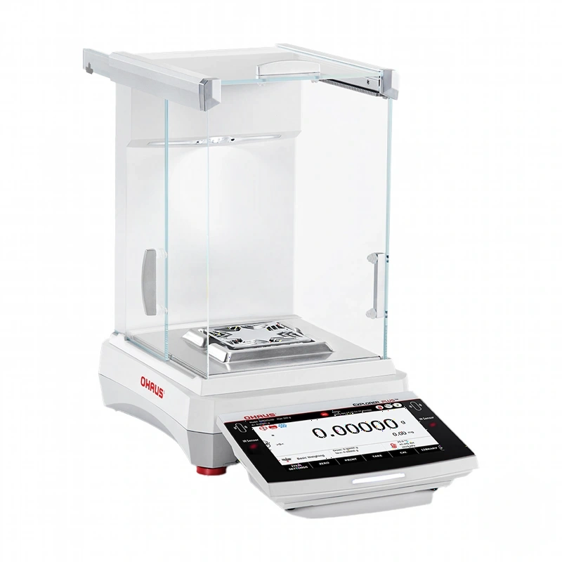 White ohaus analytical balance with a transparent glass draft shield and digital display