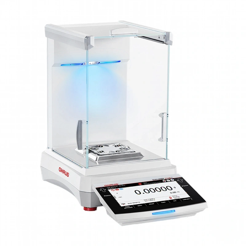 Ohaus e205-14s analytical balance with a sleek white and gray design, featuring a transparent glass draft shield illuminated by blue lighting