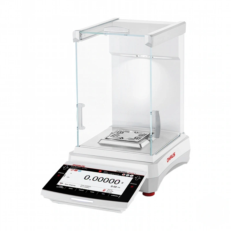 White ohaus analytical balance with glass draft shield and digital display