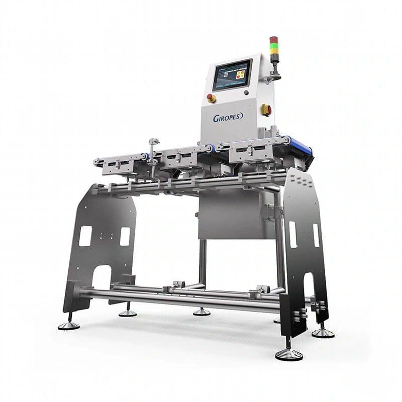 Industrial-grade giropes automated sorting machine with a sleek metallic frame, digital control panel, and integrated safety lighting