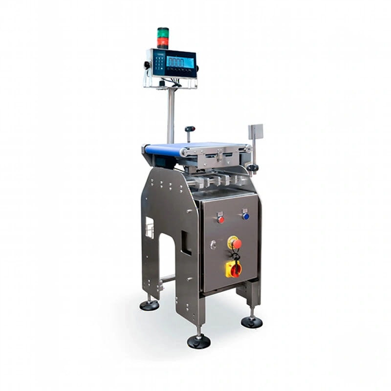 Industrial-grade stainless steel conveyor scale with a digital display and red-green indicator light