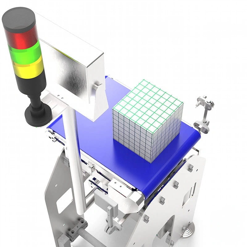A white cube with a green grid pattern sits on a blue conveyor belt