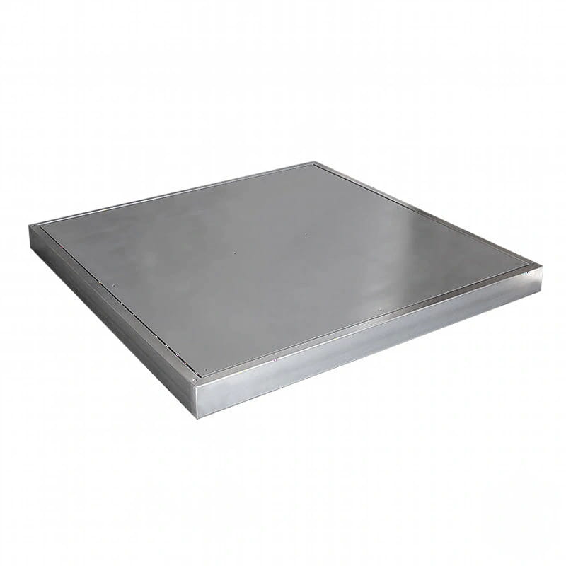 Silver metallic square panel with a sleek, industrial design and visible seams along the edges