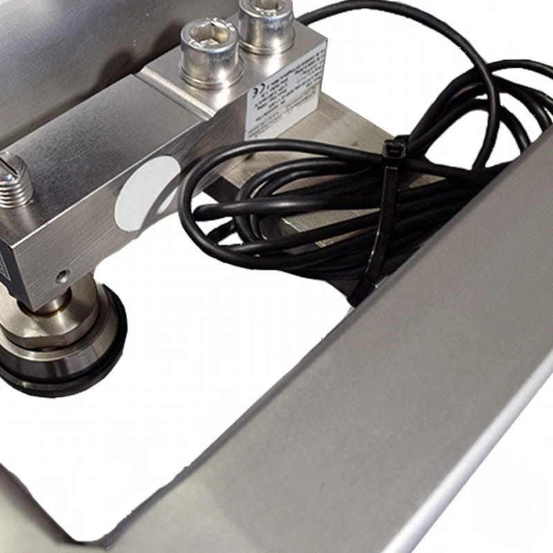 Industrial-grade stainless steel load cell with threaded mounting points and a coiled black cable