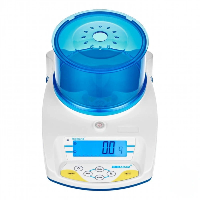 White and blue digital scale with transparent blue lid, branded ’highland’ and ’adam’