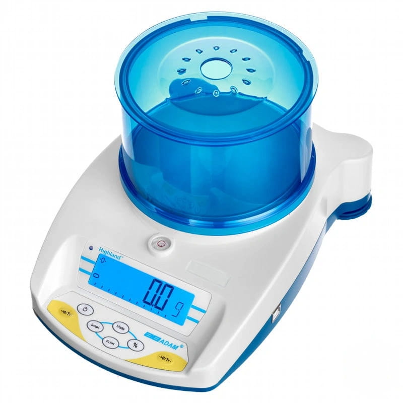 Blue and white digital scale with a transparent blue container on top, branded ’highland’ by adam