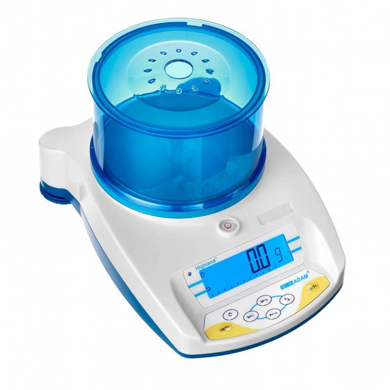 Blue and white digital scale with a transparent blue container on top, branded ’highland’ and ’adam’