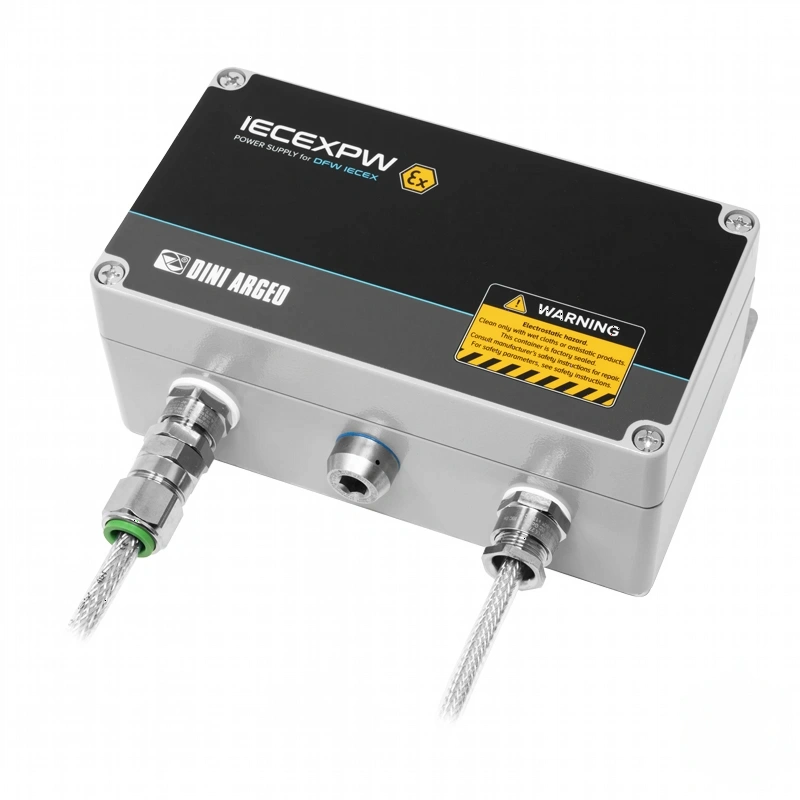 Silver metallic industrial power supply unit with black top panel, labeled ’iec expw’ and featuring three threaded cable connectors