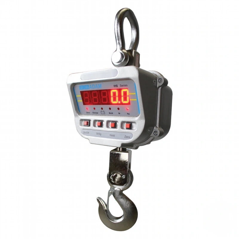 Digital hanging scale with a silver metallic body, red led display showing ’0.0’’, and two hooks for lifting