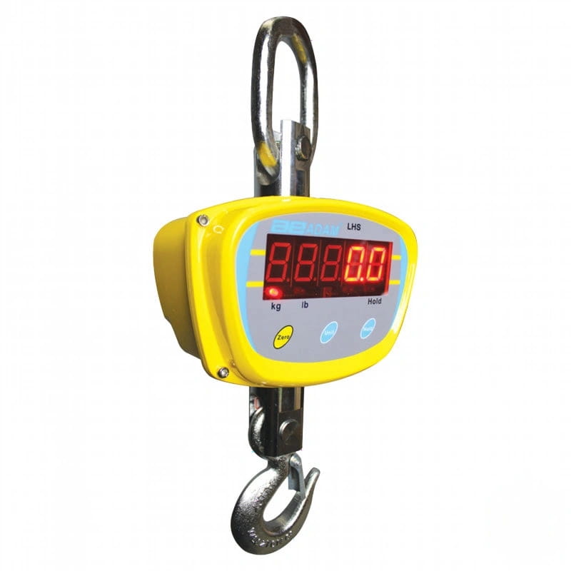 Yellow digital hanging scale with red led display and metal hooks