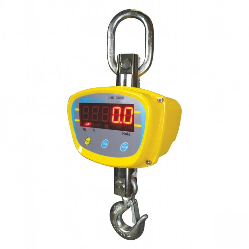 Yellow digital hanging scale with red led display and stainless steel hook and ring