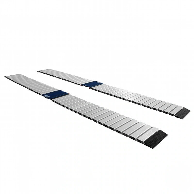 Silver aluminum modular ramp system with black rubberized ends and blue connector plates