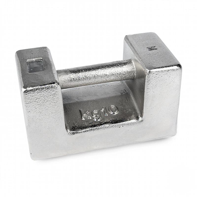 Silver-colored, rectangular metal weight with a central handle and engraved ’kg10’’ marking