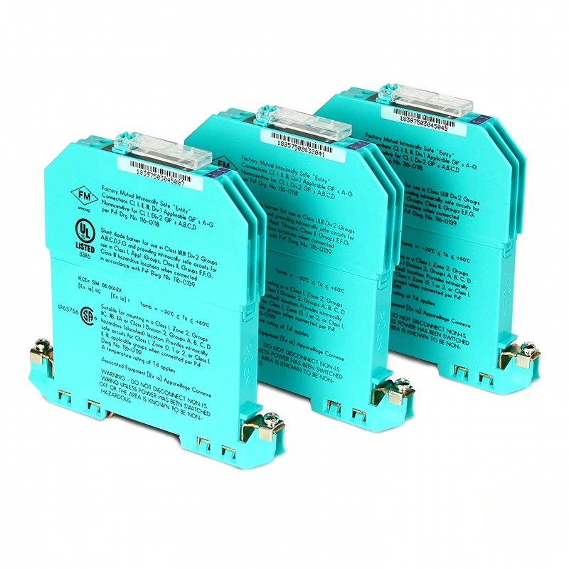 Three teal-colored industrial safety relays with clear plastic covers and printed technical specifications