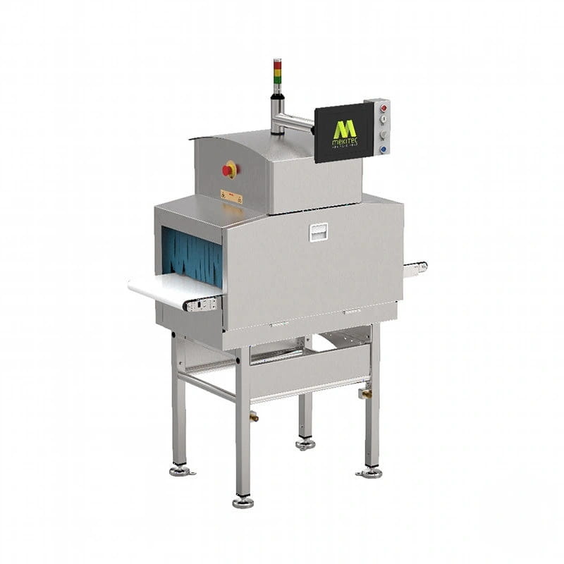 Industrial-grade stainless steel metal detector machine with a control panel and safety light indicators