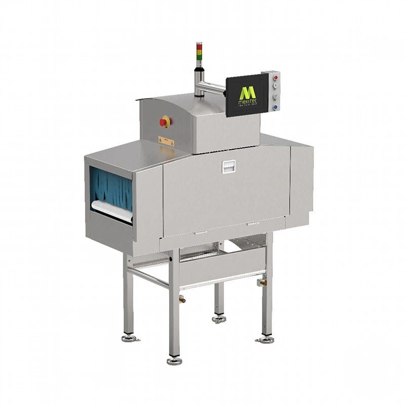 Industrial-grade stainless steel conveyor belt machine with a black control panel and red emergency stop button