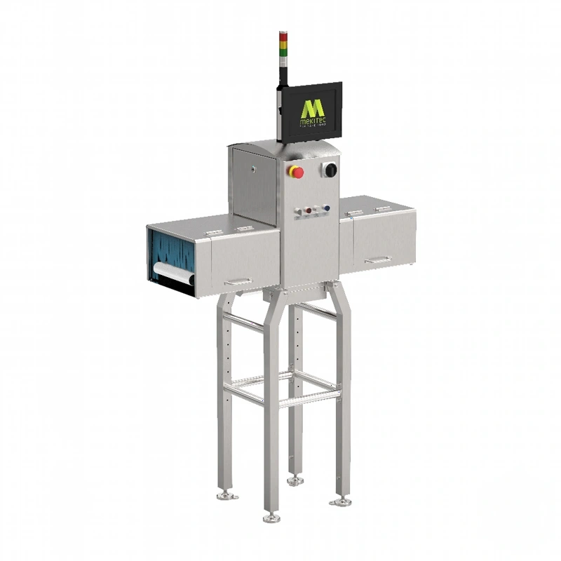 Silver industrial metal inspection machine with a black control panel and red-green signal light