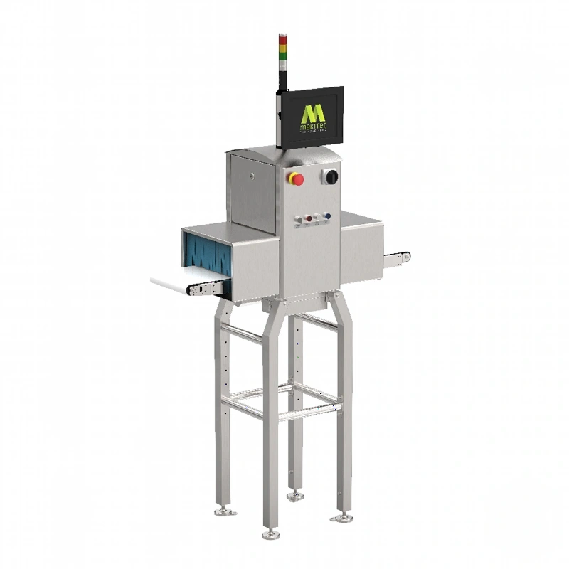 Silver metallic industrial inspection machine with a black control panel displaying the ’merktec’ logo and red, yellow, green signal lights on top