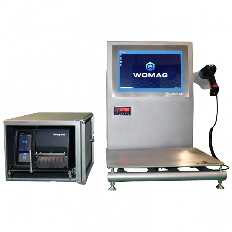Silver industrial barcode scanner system with integrated touchscreen display and handheld device
