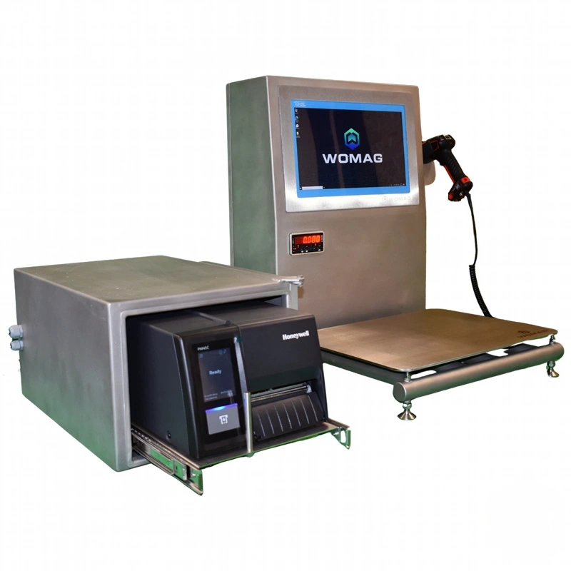 Industrial-grade silver metallic womag label printer system with integrated honeywell barcode scanner and digital display