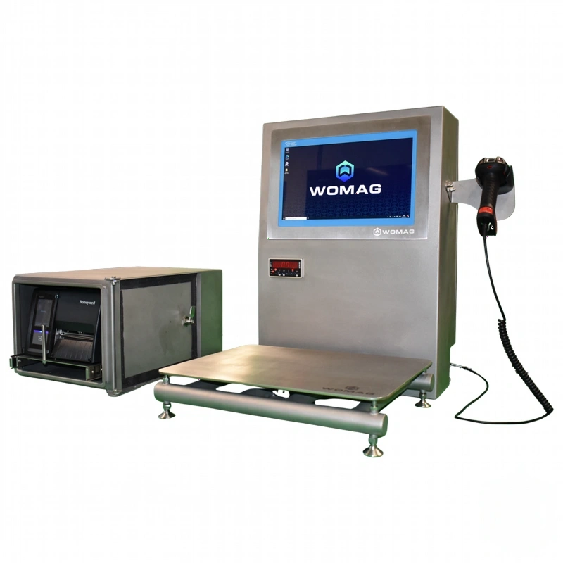 Silver industrial weighing and labeling machine with a touchscreen display, barcode scanner attachment, and integrated printer unit