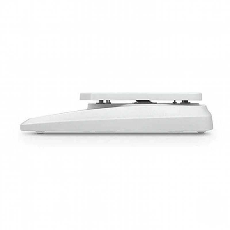 White, sleek electronic scale with a minimalist design and smooth plastic finish