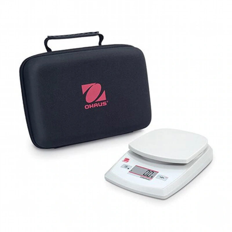 White digital scale with a sleek, modern design and a black carrying case featuring the ohaus logo