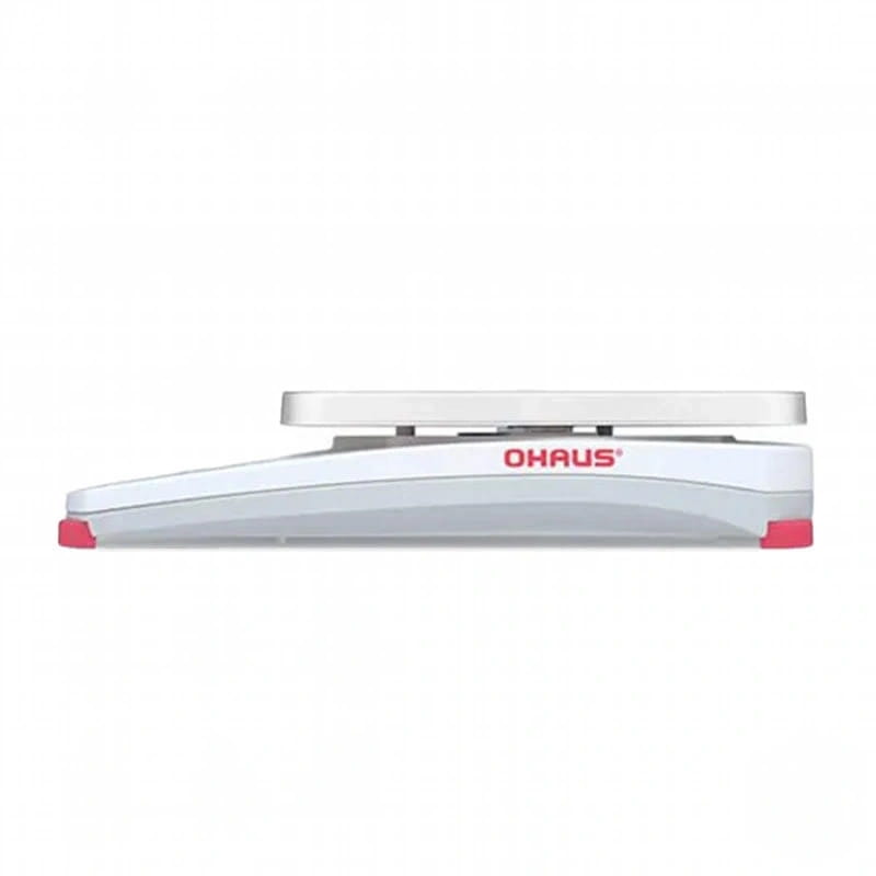 White and red ohaus digital scale with a sleek, modern design