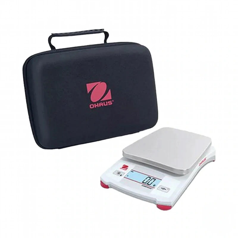 White digital scale with silver weighing platform and red accents, branded ohau’s