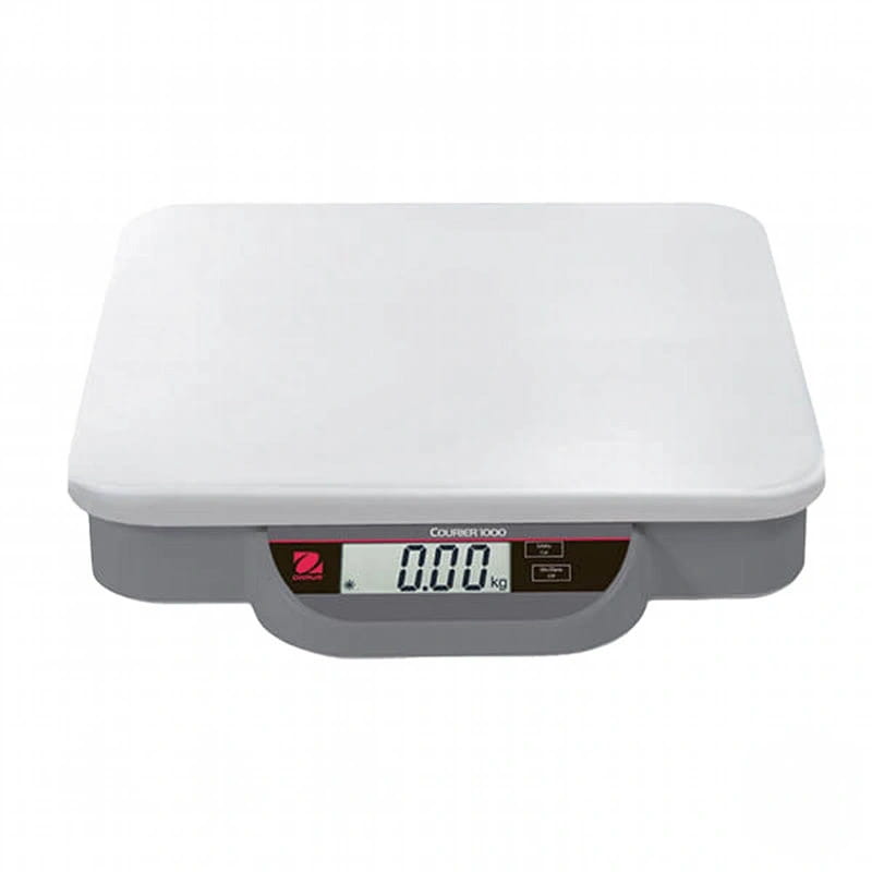 White and gray digital scale with a sleek, rectangular platform and a black display panel showing ’0.00 kg’
