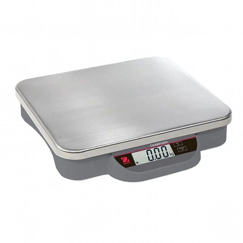 Silver stainless steel digital scale with a gray base and red logo