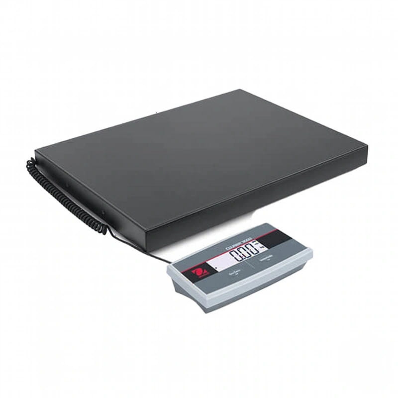 Black rectangular platform scale with a gray digital display unit connected by a coiled cable