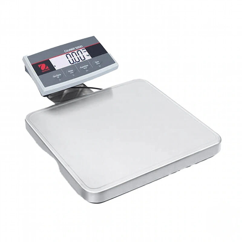 Silver digital platform scale with a sleek, rectangular weighing surface and a compact control panel displaying ’court 1000’’ branding