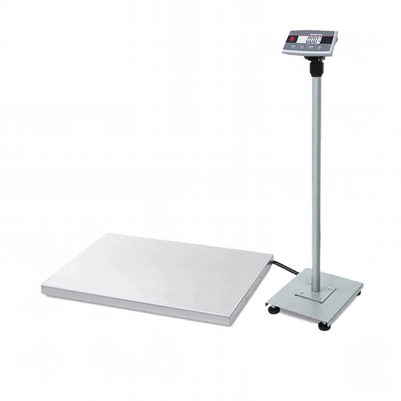 Silver digital platform scale with a rectangular weighing surface and a tall, slender stand