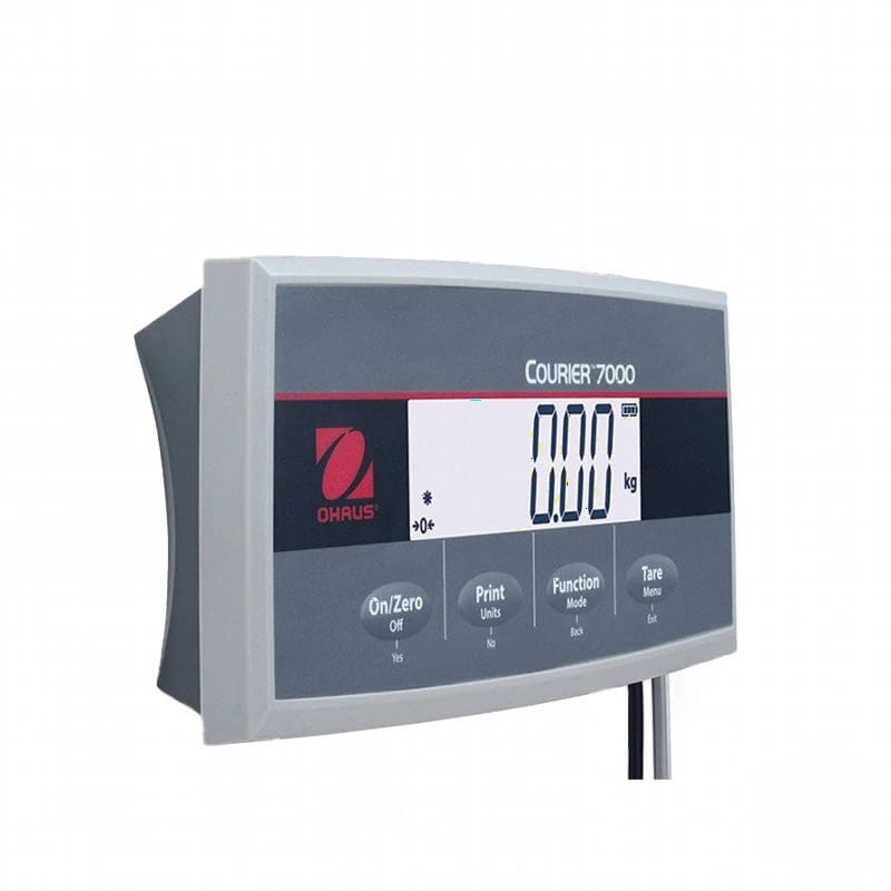 Gray and black digital scale display with red branding, model courier 7000 by ohaus