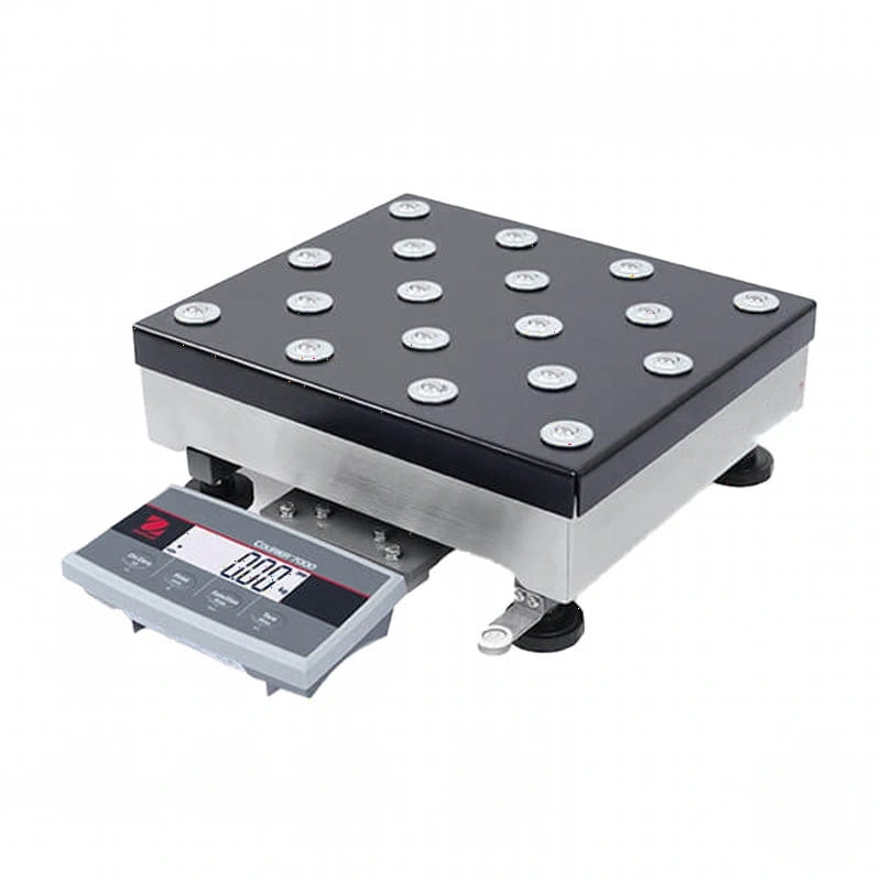 Black and silver digital platform scale with a rectangular weighing surface featuring multiple circular pressure-sensitive pads