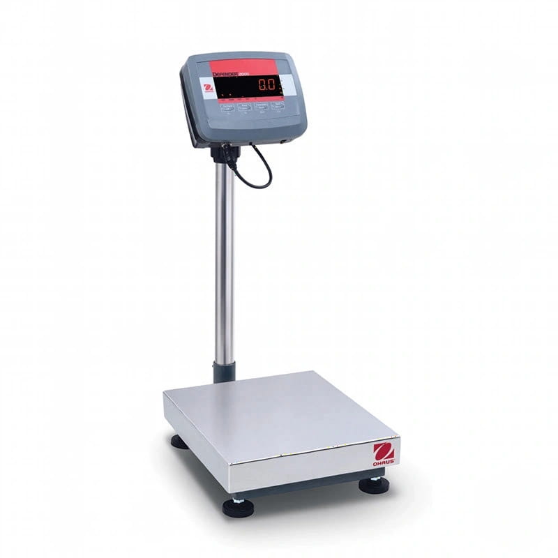 Gray digital platform scale with a red and black display screen, stainless steel weighing surface, and a vertical support pole