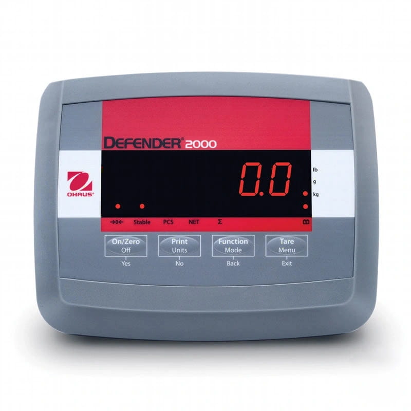Gray and red digital scale with a black display screen showing ’0.0’’ in orange numerals, featuring the ohaus defender 2000 branding on its front panel