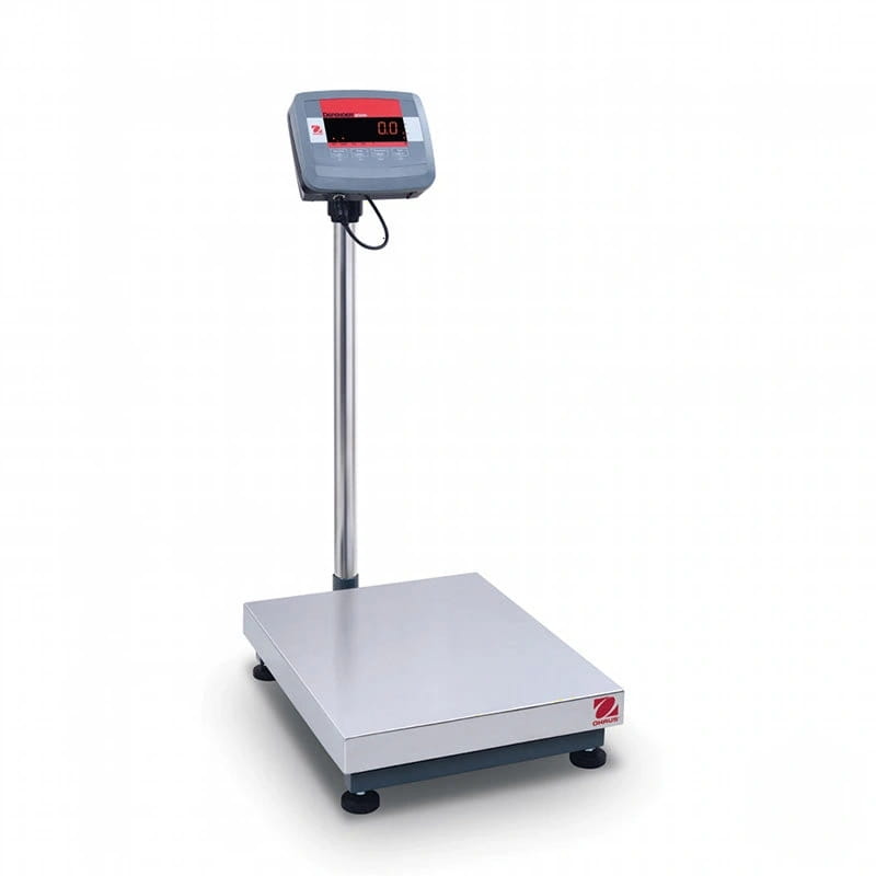 Industrial-grade stainless steel platform scale with a digital display and red backlight