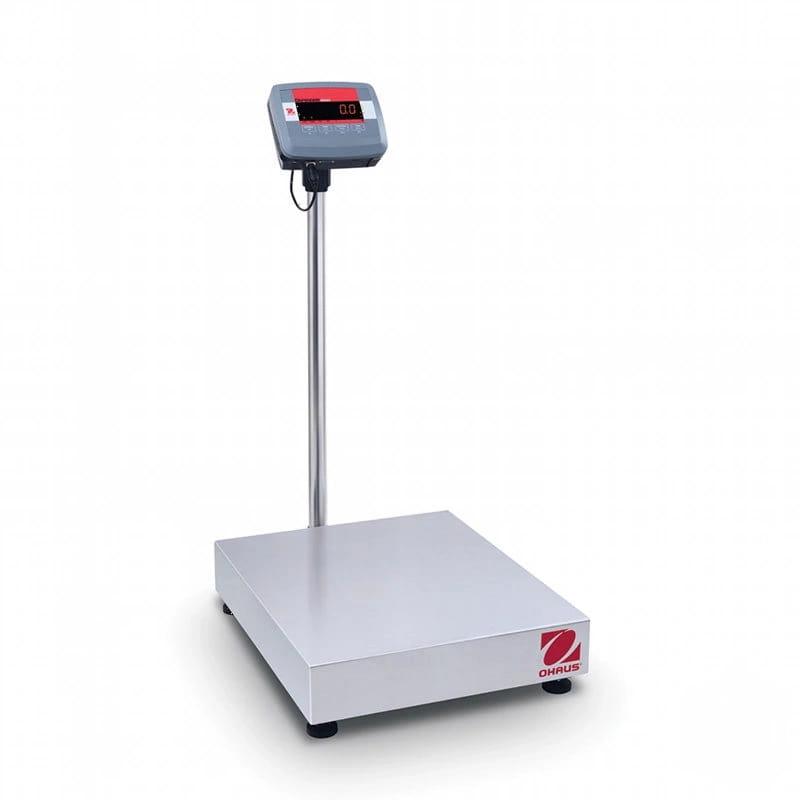 Silver ohaus platform scale with a digital display and red led readout