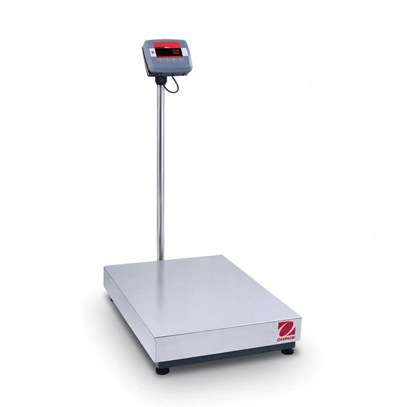 Silver ohaus digital platform scale with a red and black display