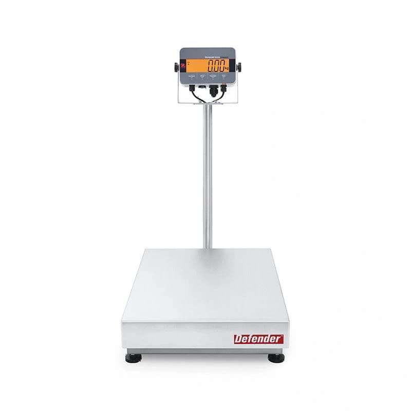 Silver digital platform scale with a rectangular weighing surface and an orange-lit display screen