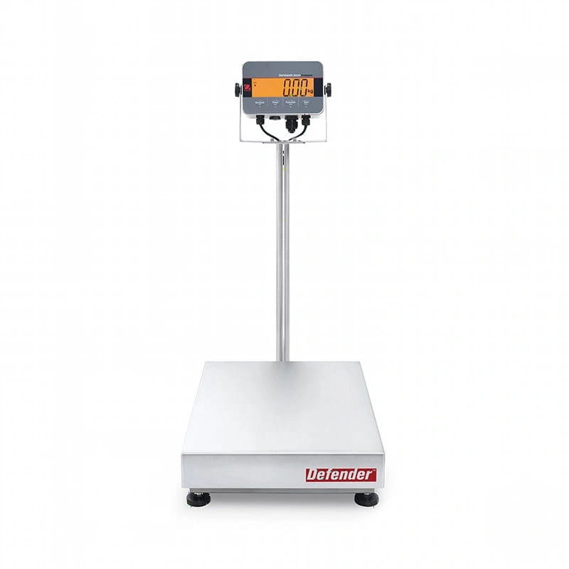Silver defender digital platform scale with a rectangular weighing surface and an orange-lit display