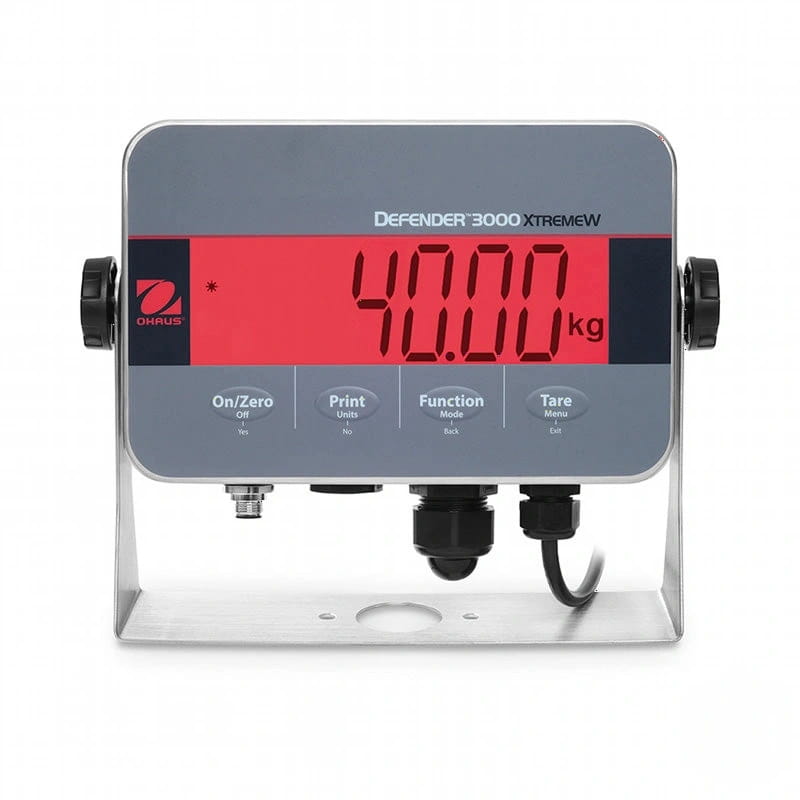 Gray and red digital industrial scale with black knobs, labeled ’defender 3000 xtremew’ by ohaus