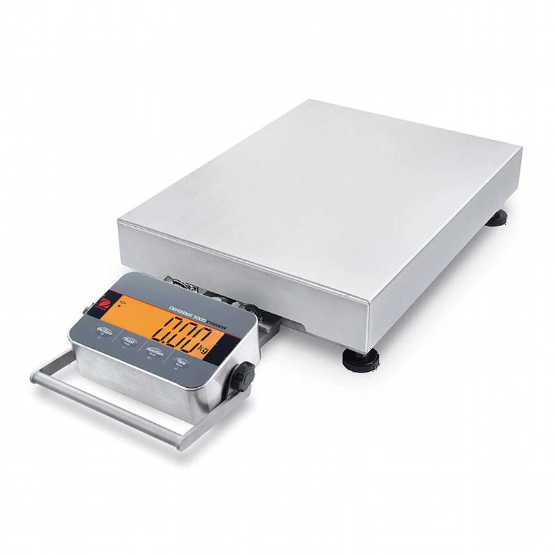 Silver digital platform scale with an orange display screen and black control buttons