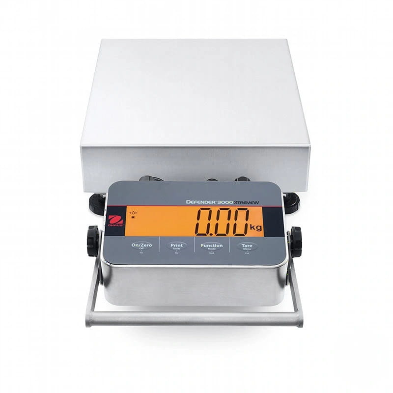 Silver digital scale with orange display reading 0.00 kg, featuring a sleek metallic body and black control buttons labeled ’on/zero,’ ’print,’ ’function,’ and ’tare.’