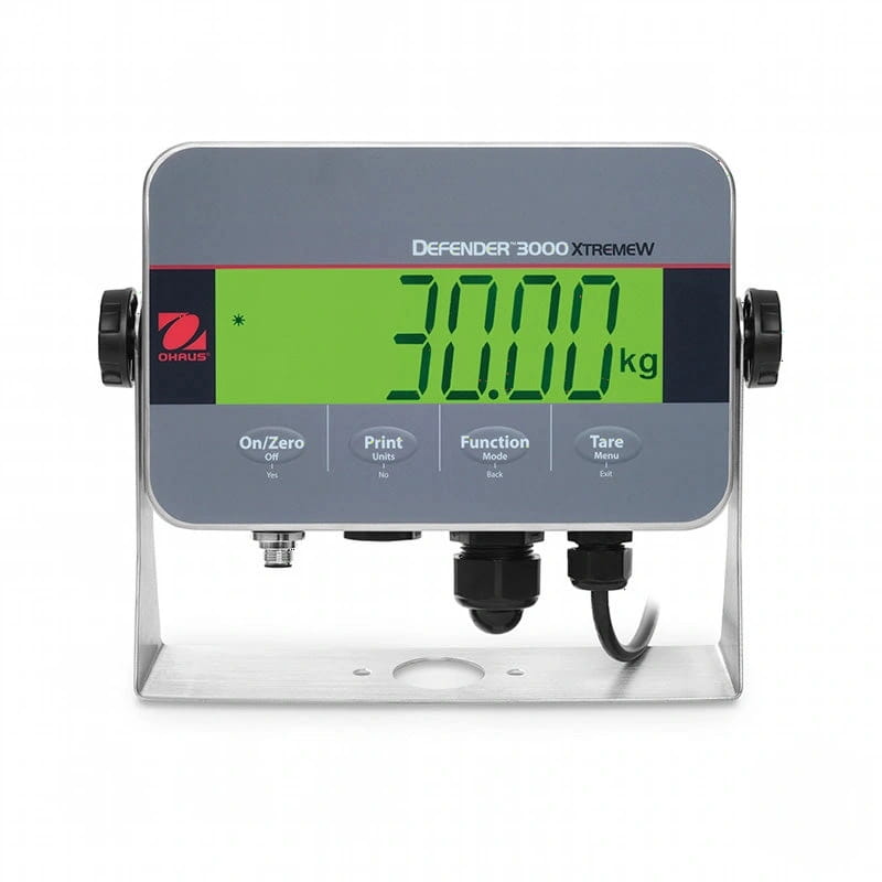 Gray ohaus defender 3000 xtremew digital scale with a bright green display showing ’30.00 kg’ and black control buttons below the screen