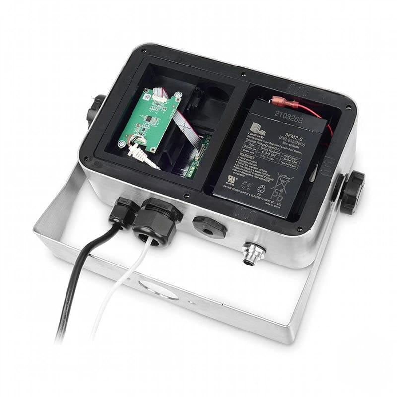 Silver industrial-grade outdoor floodlight housing with black internal components and a visible battery compartment